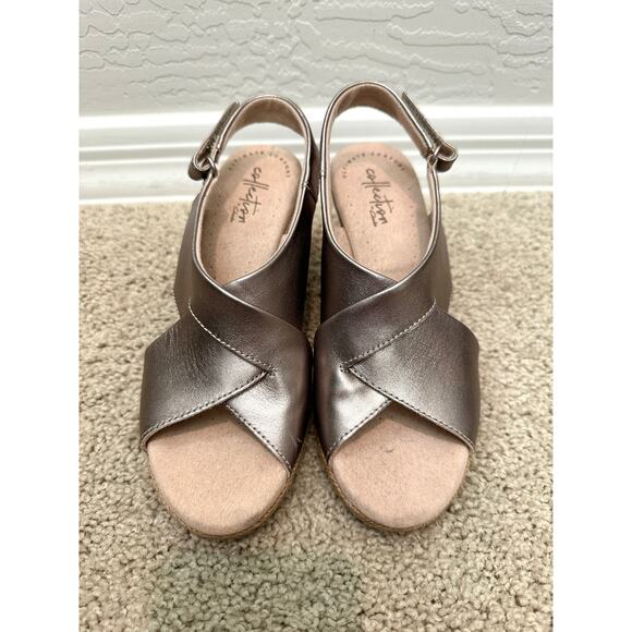 CLARK’S | Lafley Alaine Pewter Gray Leather Espadrille Wedge Sandals | Women’s 6 - Picture 3 of 8